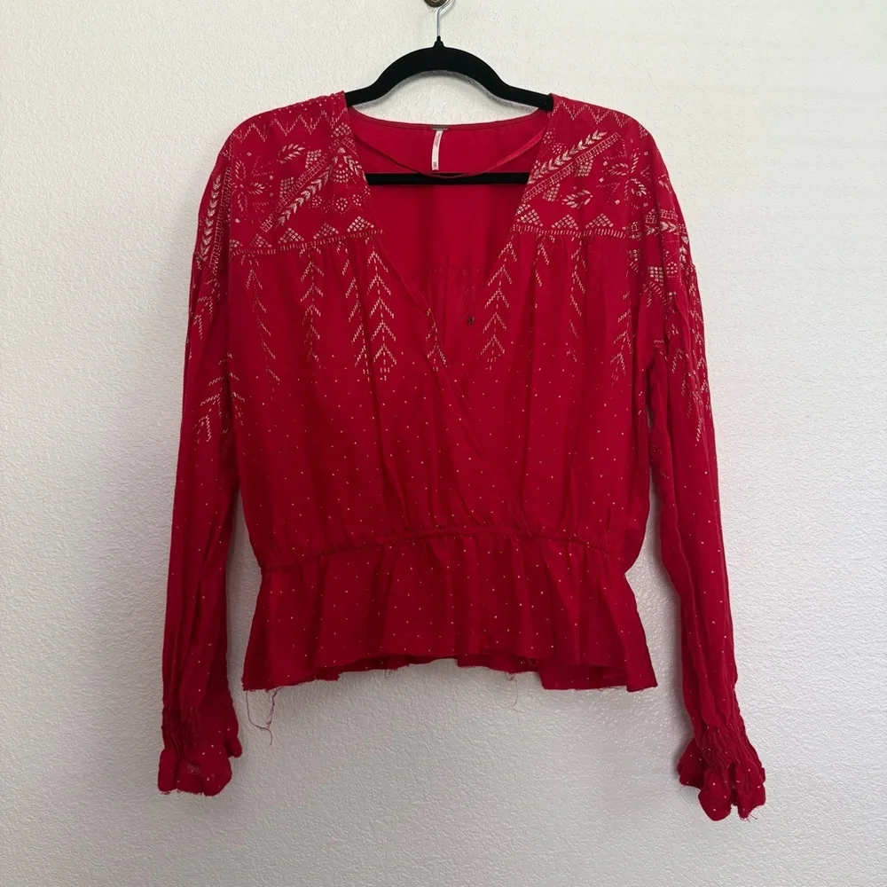 Free People Counting Stars Long Sleeve Boho Blouse in Red XS